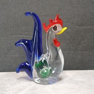 Vintage Art Glass Rooster Figurine, 2" Colorful Hand Blown Glass Mini Sculpture